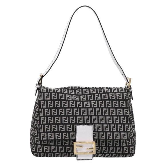 FENDI Zucchino Canvas Mamma Baguette Bag Black Gray Gold Auth am12275SAV