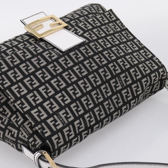 FENDI Zucchino Canvas Mamma Baguette Bag Black Gray Gold Auth am12275SAV