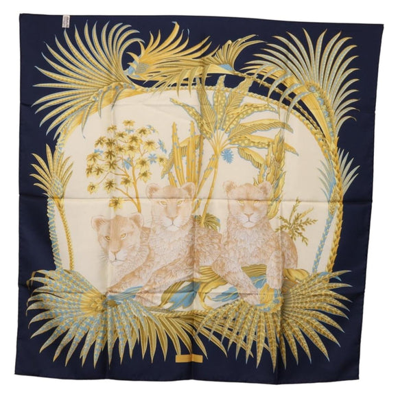Salvatore Ferragamo Leopard Pattern Scarf Silk Navy White Auth am12287V