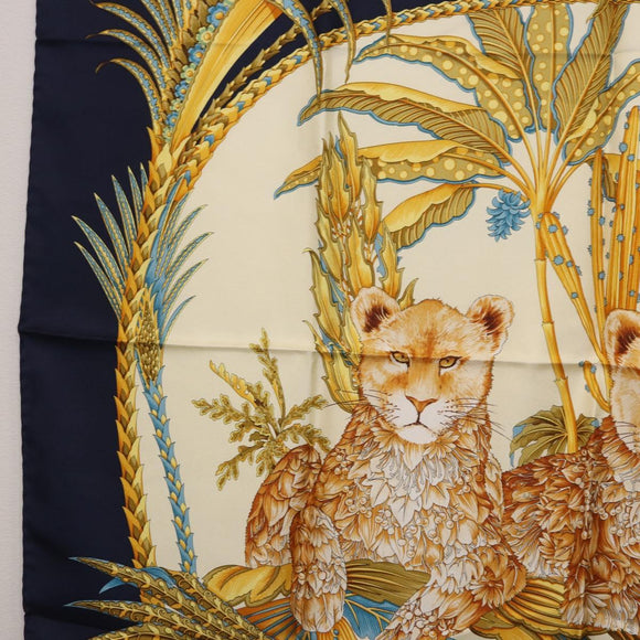 Salvatore Ferragamo Leopard Pattern Scarf Silk Navy White Auth am12287V