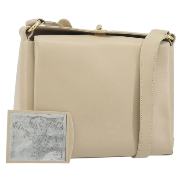 GUCCI Old Turn Lock Shoulder Bag Leather Beige Gold Tone Auth am12298A