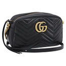 GUCCI GG Marmont Chain Shoulder Bag Leather Black Gold Tone 447632 Auth am12299V-1