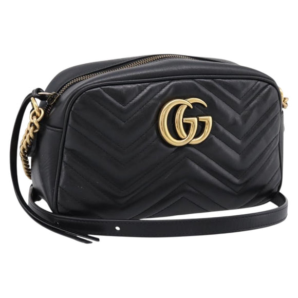 GUCCI GG Marmont Chain Shoulder Bag Leather Black Gold Tone 447632 Auth am12299V