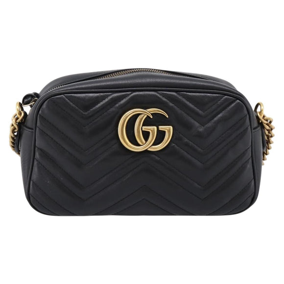 GUCCI GG Marmont Chain Shoulder Bag Leather Black Gold Tone 447632 Auth am12299V