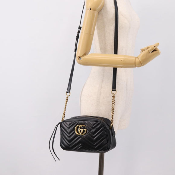 GUCCI GG Marmont Chain Shoulder Bag Leather Black Gold Tone 447632 Auth am12299V