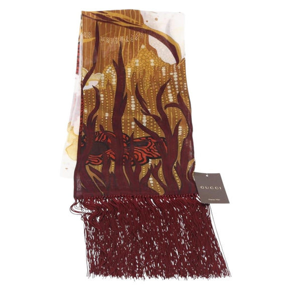 GUCCI Fringe Stole Silk Bordeaux White 380697 Auth am12325V