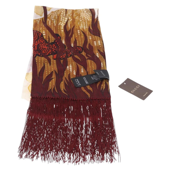 GUCCI Fringe Stole Silk Bordeaux White 380697 Auth am12325V