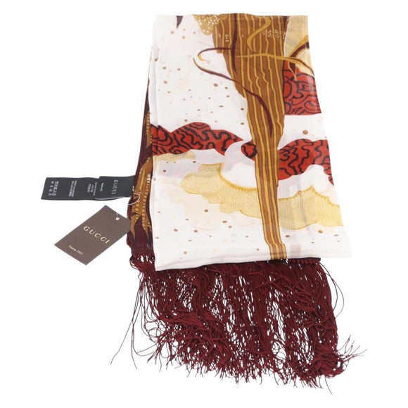 GUCCI Fringe Stole Silk Bordeaux White 380697 Auth am12325V