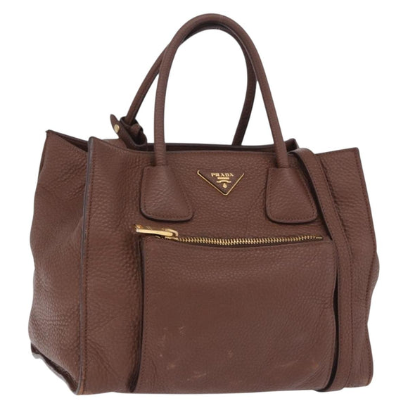 PRADA Hand Bag Taurillon Leather 2way Brown Gold Auth am12327V
