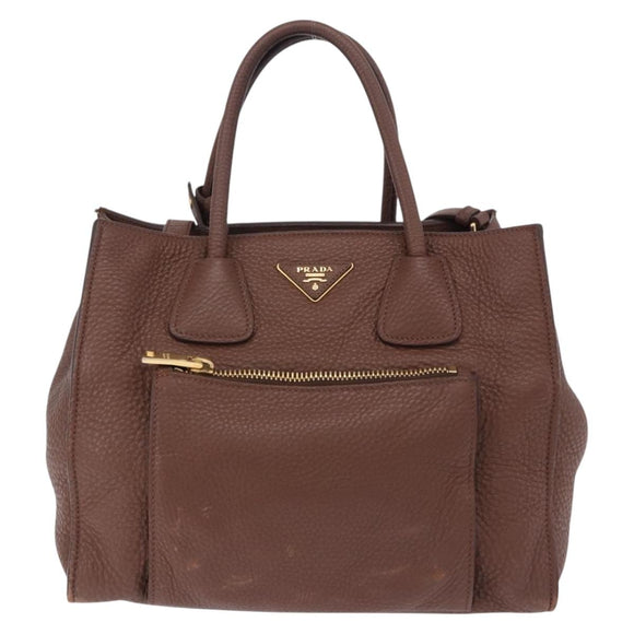 PRADA Hand Bag Taurillon Leather 2way Brown Gold Auth am12327V