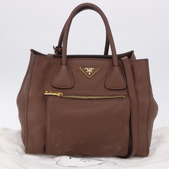 PRADA Hand Bag Taurillon Leather 2way Brown Gold Auth am12327V