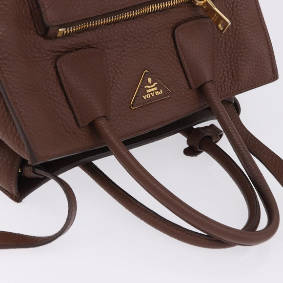 PRADA Hand Bag Taurillon Leather 2way Brown Gold Auth am12327V