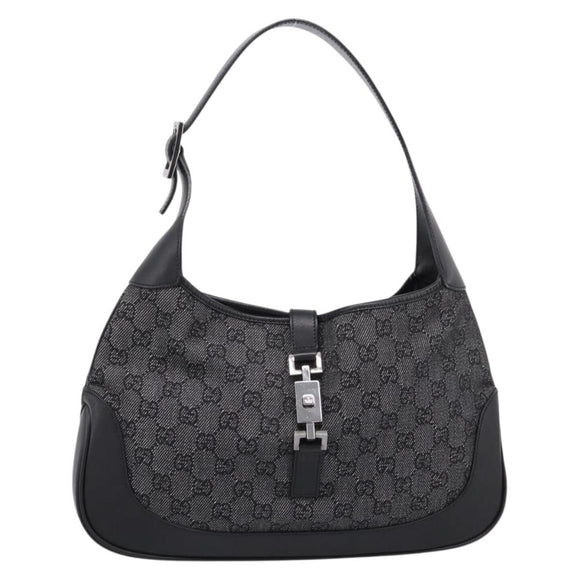 GUCCI GG Canvas Jackie Shoulder Bag Black Silver 00963 Auth am12328V