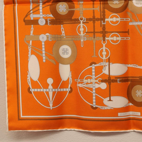 HERMES Carre 40 Scarf Silk ""BRIDES ET FRONTAUX"" Orange White Auth am12333M