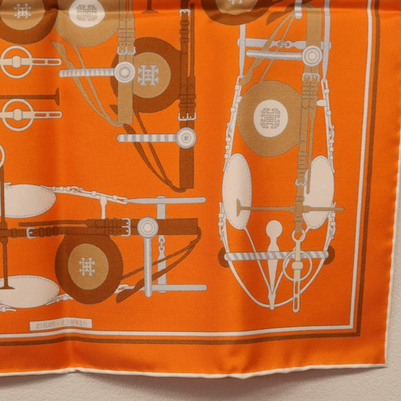 HERMES Carre 40 Scarf Silk ""BRIDES ET FRONTAUX"" Orange White Auth am12333M