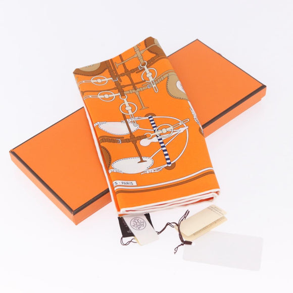 HERMES Carre 40 Scarf Silk ""BRIDES ET FRONTAUX"" Orange White Auth am12333M