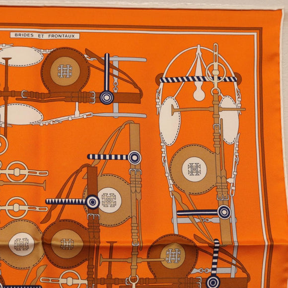 HERMES Carre 40 Scarf Silk ""BRIDES ET FRONTAUX"" Orange White Auth am12333M