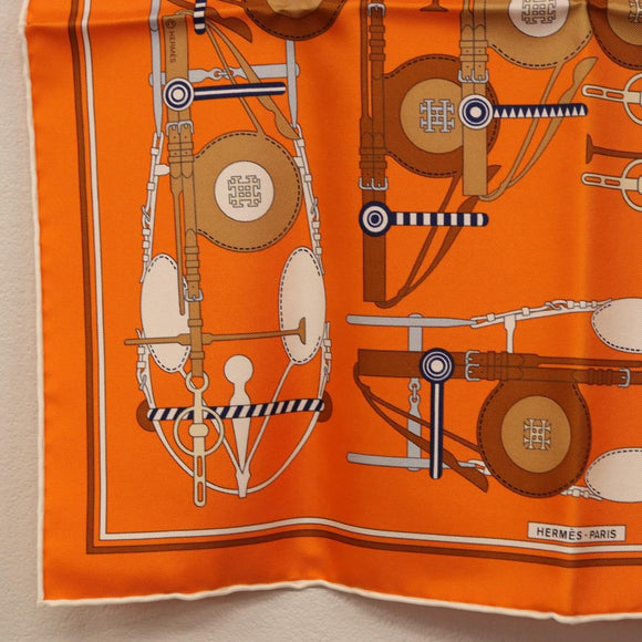HERMES Carre 40 Scarf Silk ""BRIDES ET FRONTAUX"" Orange White Auth am12333M