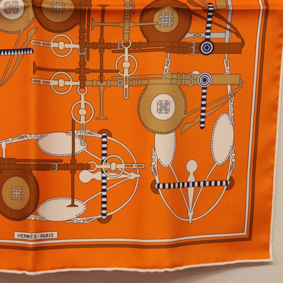 HERMES Carre 40 Scarf Silk ""BRIDES ET FRONTAUX"" Orange White Auth am12333M