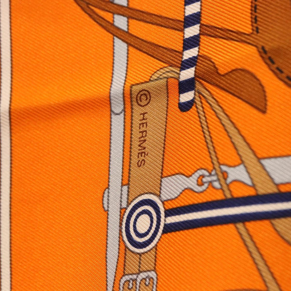 HERMES Carre 40 Scarf Silk ""BRIDES ET FRONTAUX"" Orange White Auth am12333M