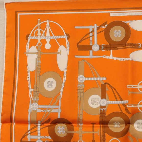 HERMES Carre 40 Scarf Silk ""BRIDES ET FRONTAUX"" Orange White Auth am12333M