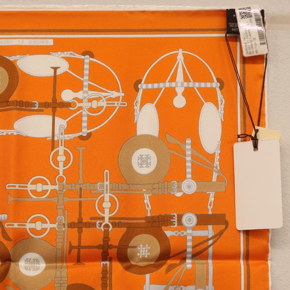 HERMES Carre 40 Scarf Silk ""BRIDES ET FRONTAUX"" Orange White Auth am12333M
