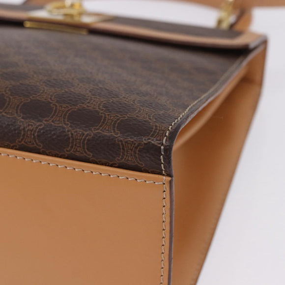 CELINE Macadam Canvas Circle Hand Bag PVC Leather Brown Gold Auth am12348V