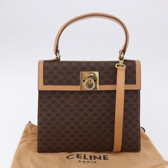 CELINE Macadam Canvas Circle Hand Bag PVC Leather Brown Gold Auth am12348V