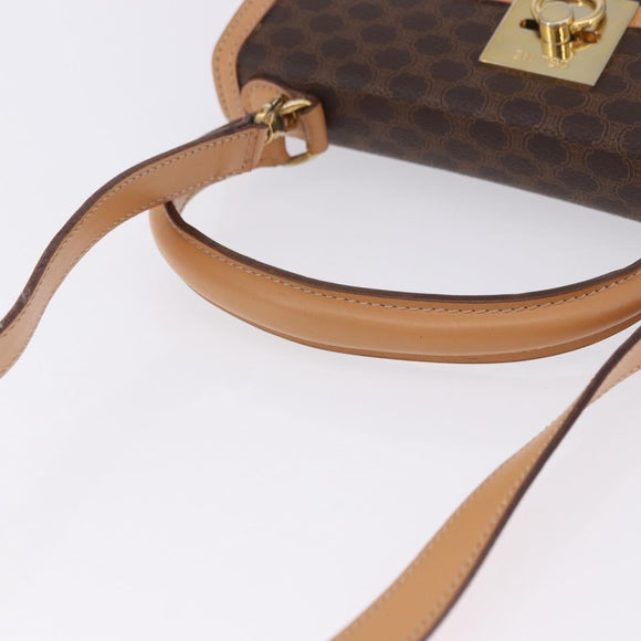 CELINE Macadam Canvas Circle Hand Bag PVC Leather Brown Gold Auth am12348V
