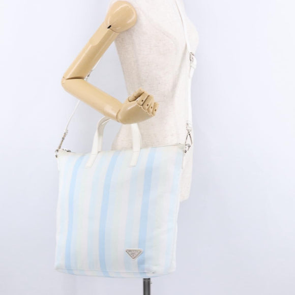 PRADA Tote Bag Canvas 2way Light Blue Silver B2052G Auth am12349A