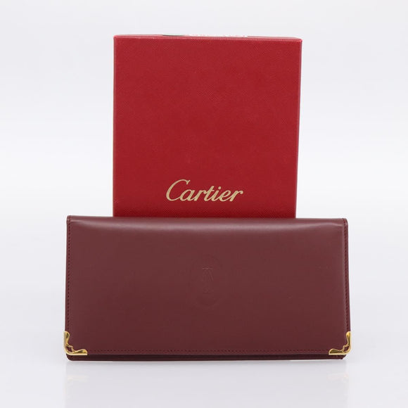 CARTIER Must Line Long Wallet Leather Bordeaux Gold Auth am12366V