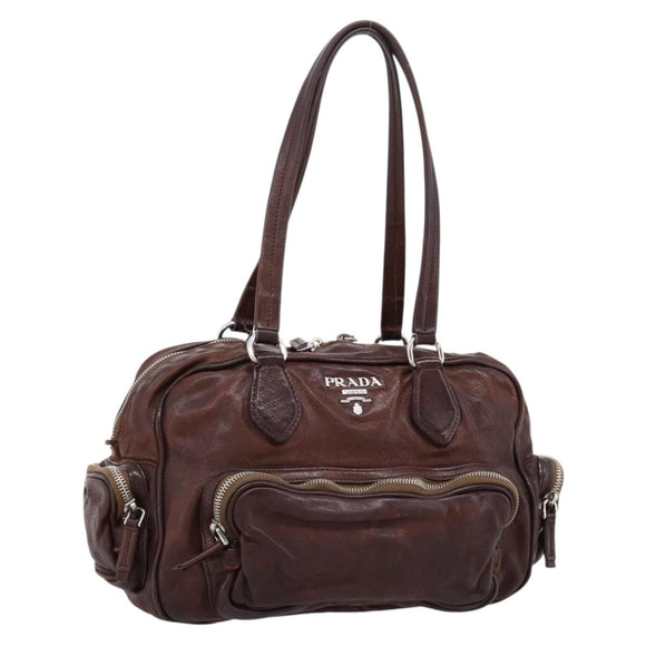 PRADA Hand Bag Leather Brown Silver BR2804 Auth am12375V