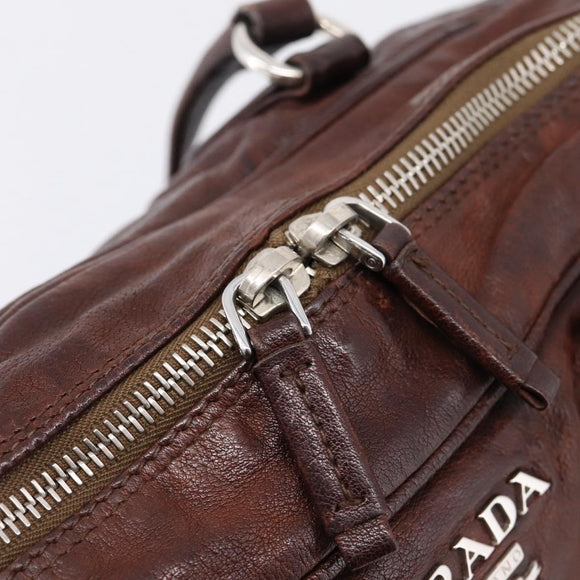 PRADA Hand Bag Leather Brown Silver BR2804 Auth am12375V