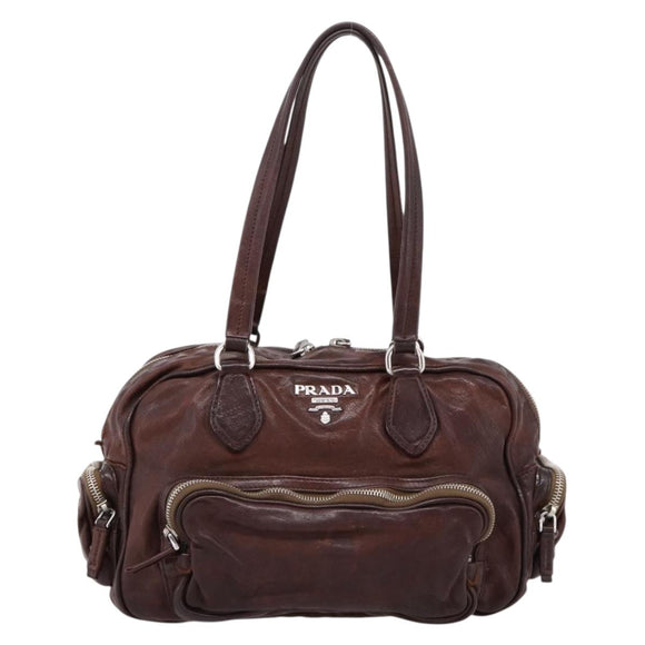 PRADA Hand Bag Leather Brown Silver BR2804 Auth am12375V