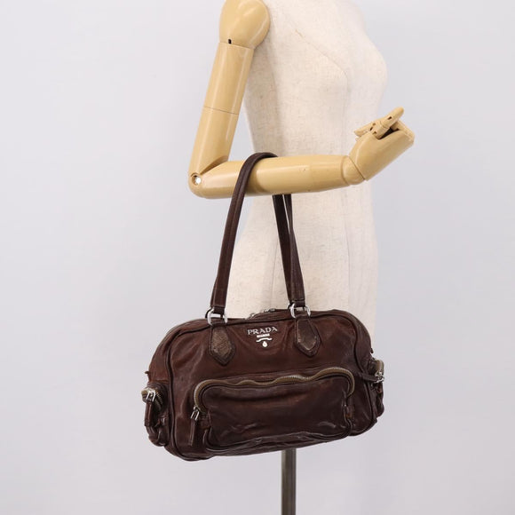 PRADA Hand Bag Leather Brown Silver BR2804 Auth am12375V