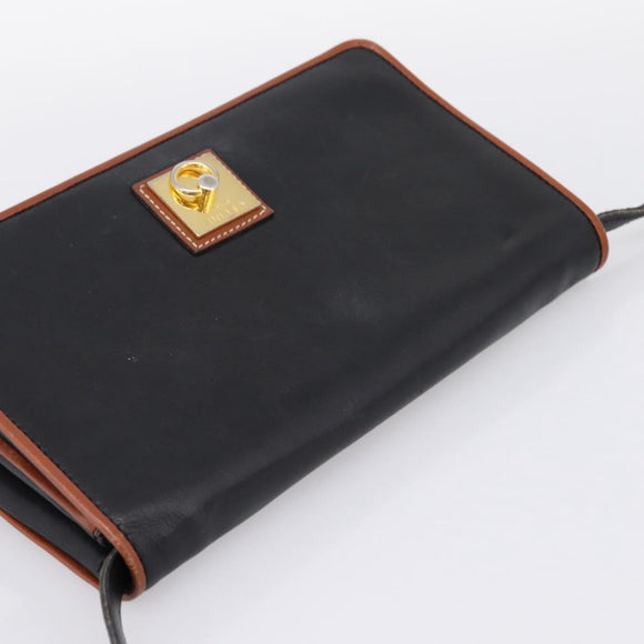 CELINE Circle Shoulder Bag Leather Black Gold Tone Auth am12378A
