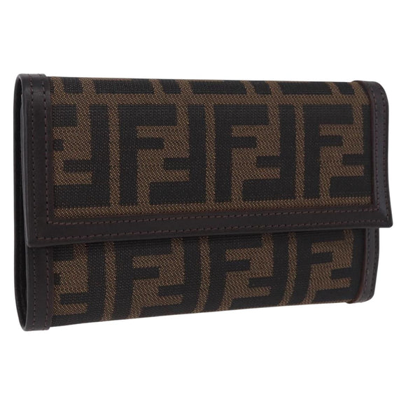FENDI Zucca Canvas Compact Trifold Wallet Black Brown Auth am12383V