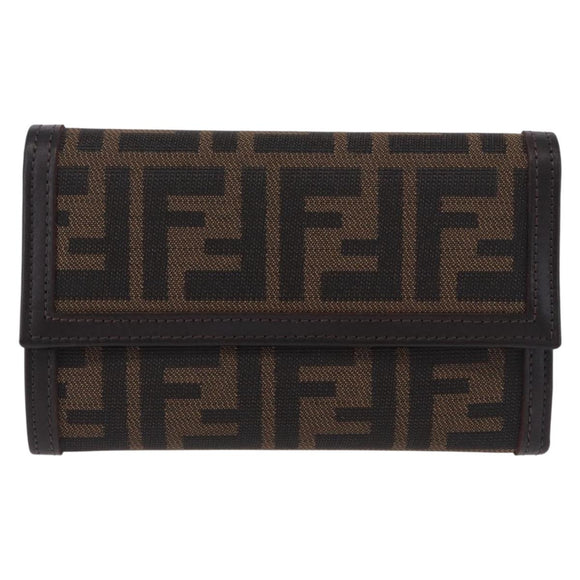 FENDI Zucca Canvas Compact Trifold Wallet Black Brown Auth am12383V