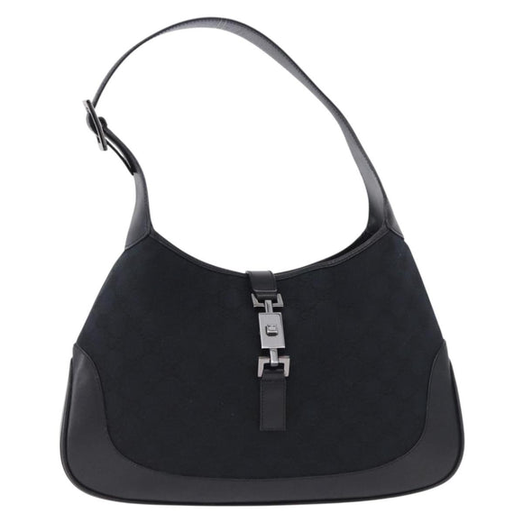 GUCCI GG Canvas Jackie Shoulder Bag Black Silver 001 3306 2684 Auth am12397V