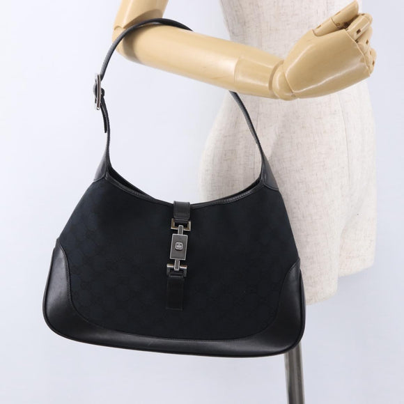 GUCCI GG Canvas Jackie Shoulder Bag Black Silver 001 3306 2684 Auth am12397V