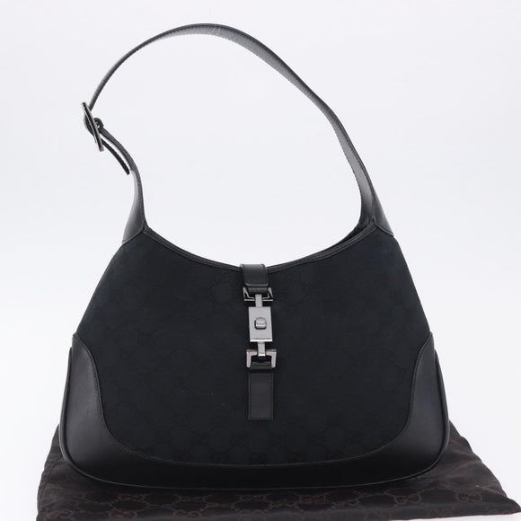 GUCCI GG Canvas Jackie Shoulder Bag Black Silver 001 3306 2684 Auth am12397V