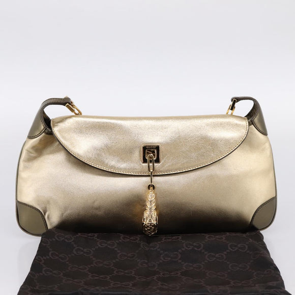 GUCCI Animalier Tiger Head Chain Bag Leather Gold 001 4113 2123 Auth am12398V