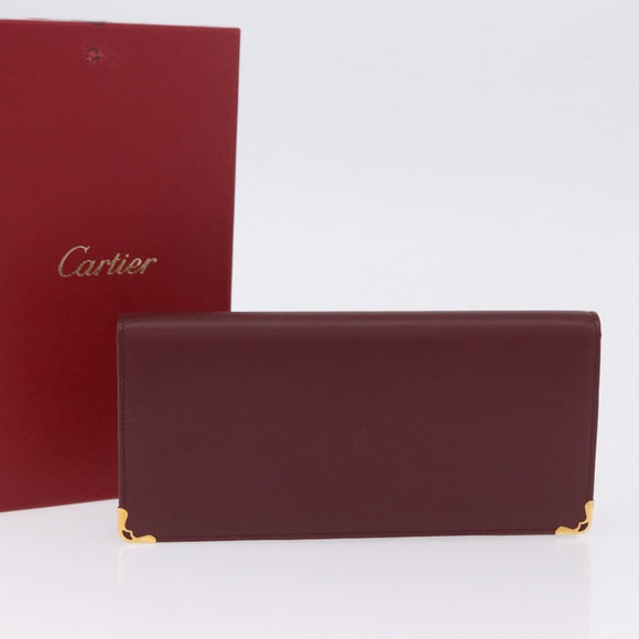 CARTIER Must Line Bifold Wallet Leather Bordeaux Gold Auth am12408V