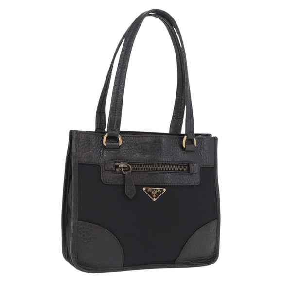 PRADA Tote Bag Nylon Leather Black Gold Tone Auth am12459V