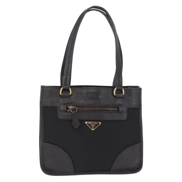 PRADA Tote Bag Nylon Leather Black Gold Tone Auth am12459V