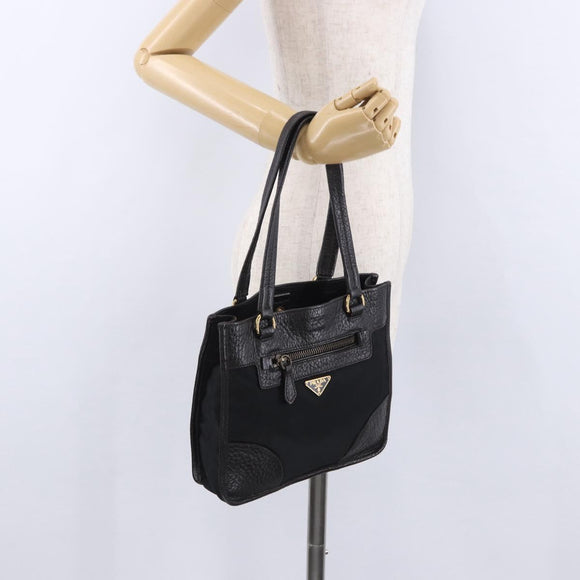 PRADA Tote Bag Nylon Leather Black Gold Tone Auth am12459V