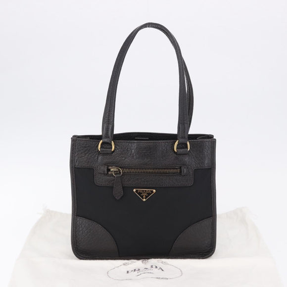 PRADA Tote Bag Nylon Leather Black Gold Tone Auth am12459V