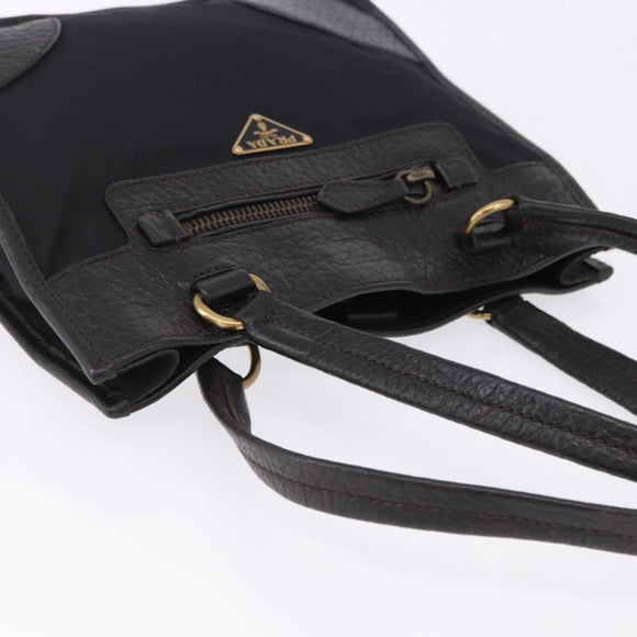 PRADA Tote Bag Nylon Leather Black Gold Tone Auth am12459V