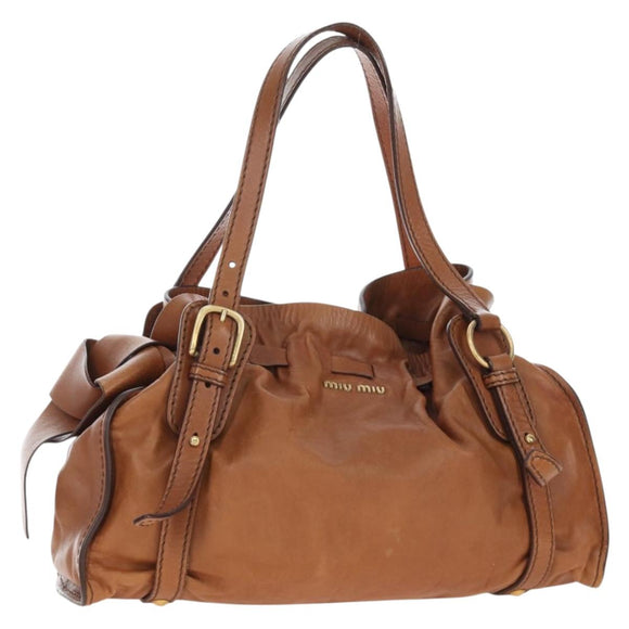 Miu Miu Side Ribbon Shoulder Bag Leather Brown Gold Tone Auth am12465V