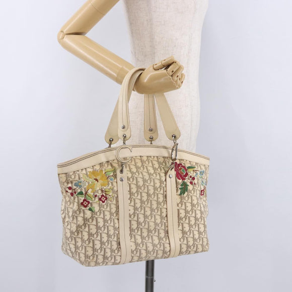 Christian Dior Trotter Canvas Floral Hand Bag Ivory Silver Auth am12468